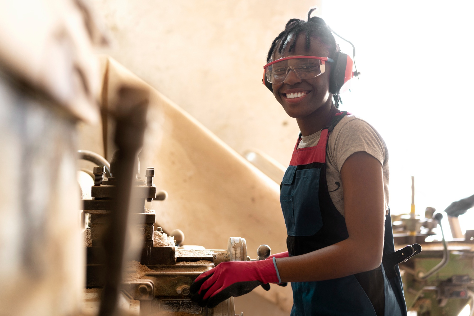 Skilled tradeswoman smiling at her workstation